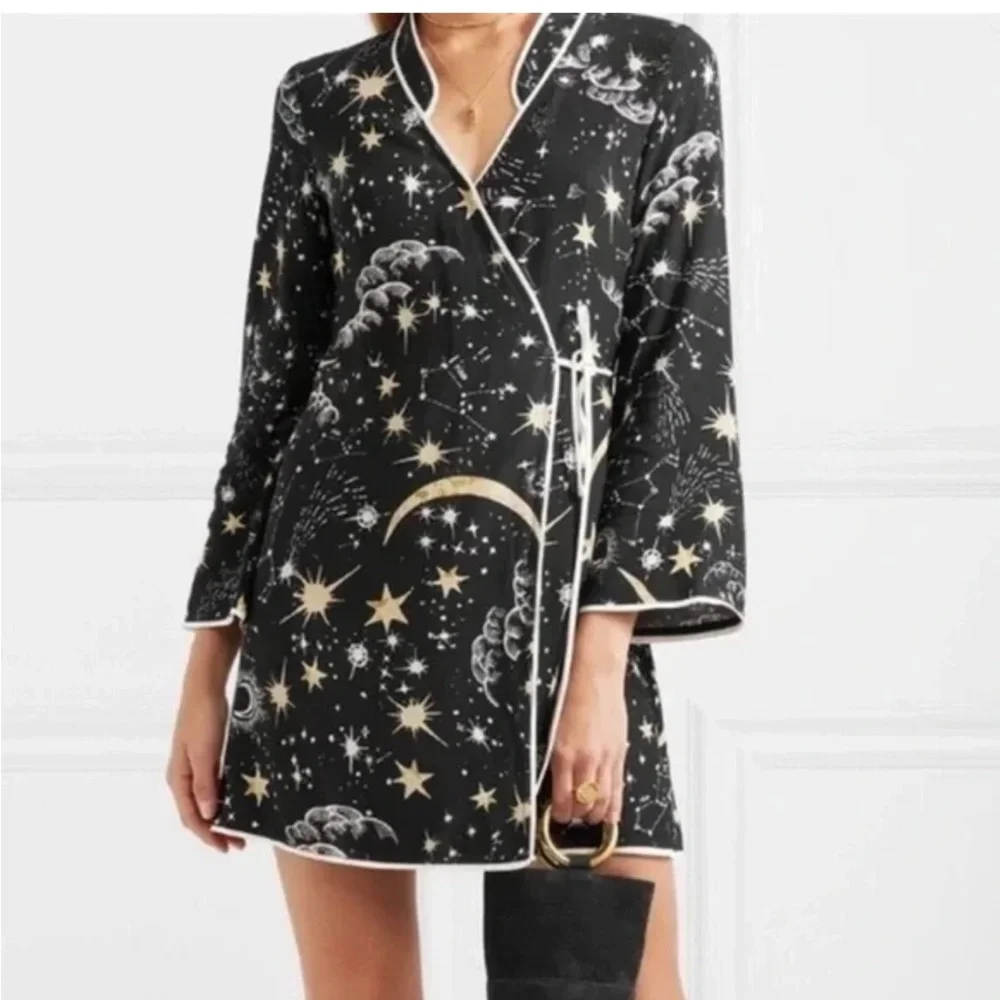 Rixo Black and Gold Celestial Print Wrap Dress - Picture 1 of 6